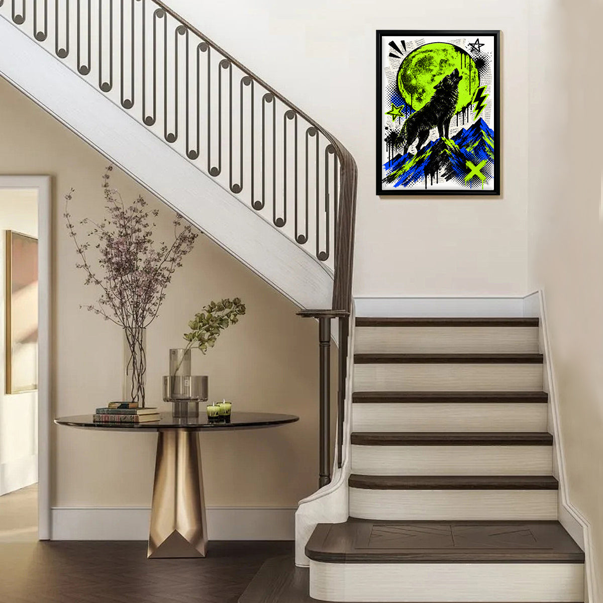 Framed Wolf Howling at Moon Art Print, Vibrant Neon Green and Blue Design, Perfect Home Decor for Any Room