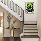 Framed Wolf Howling at Moon Art Print, Vibrant Neon Green and Blue Design, Perfect Home Decor for Any Room