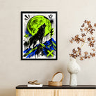 Framed Wolf Howling at Moon Art Print, Vibrant Neon Green and Blue Design, Perfect Home Decor for Any Room