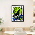 Framed Wolf Howling at Moon Art Print, Vibrant Neon Green and Blue Design, Perfect Home Decor for Any Room