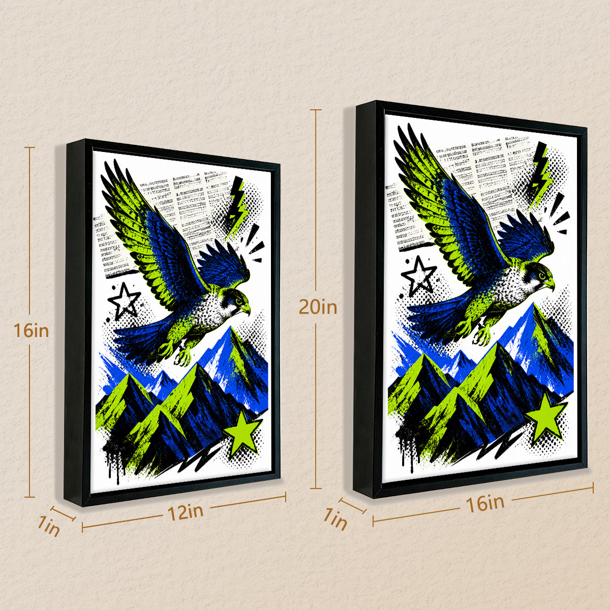 Framed Blue and Green Hawk Art Print, Vibrant Mountain Landscape Design, Perfect Home Decor for Any Room