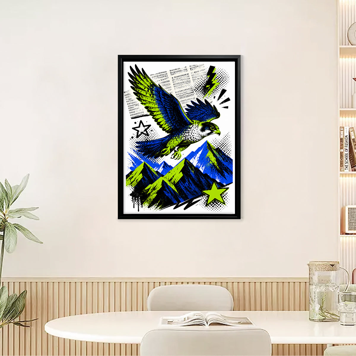 Framed Blue and Green Hawk Art Print, Vibrant Mountain Landscape Design, Perfect Home Decor for Any Room
