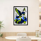 Framed Blue and Green Hawk Art Print, Vibrant Mountain Landscape Design, Perfect Home Decor for Any Room