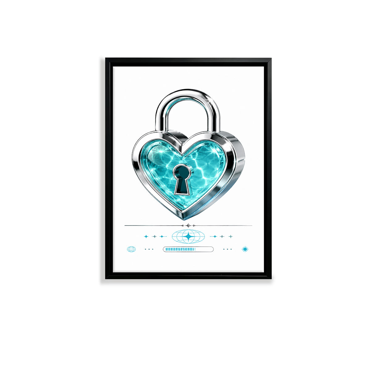 Framed Heart Lock Art Print, Blue Crystal Design, Modern Home Decor, Perfect Gift for Love