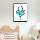 Framed Heart Lock Art Print, Blue Crystal Design, Modern Home Decor, Perfect Gift for Love