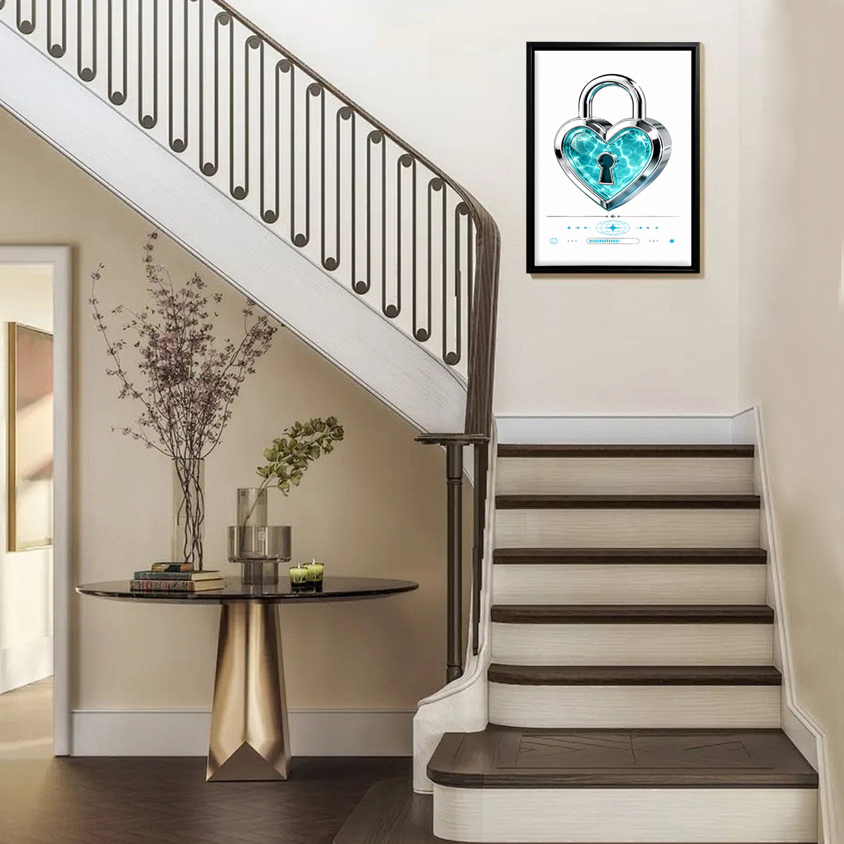 Framed Heart Lock Art Print, Blue Crystal Design, Modern Home Decor, Perfect Gift for Love