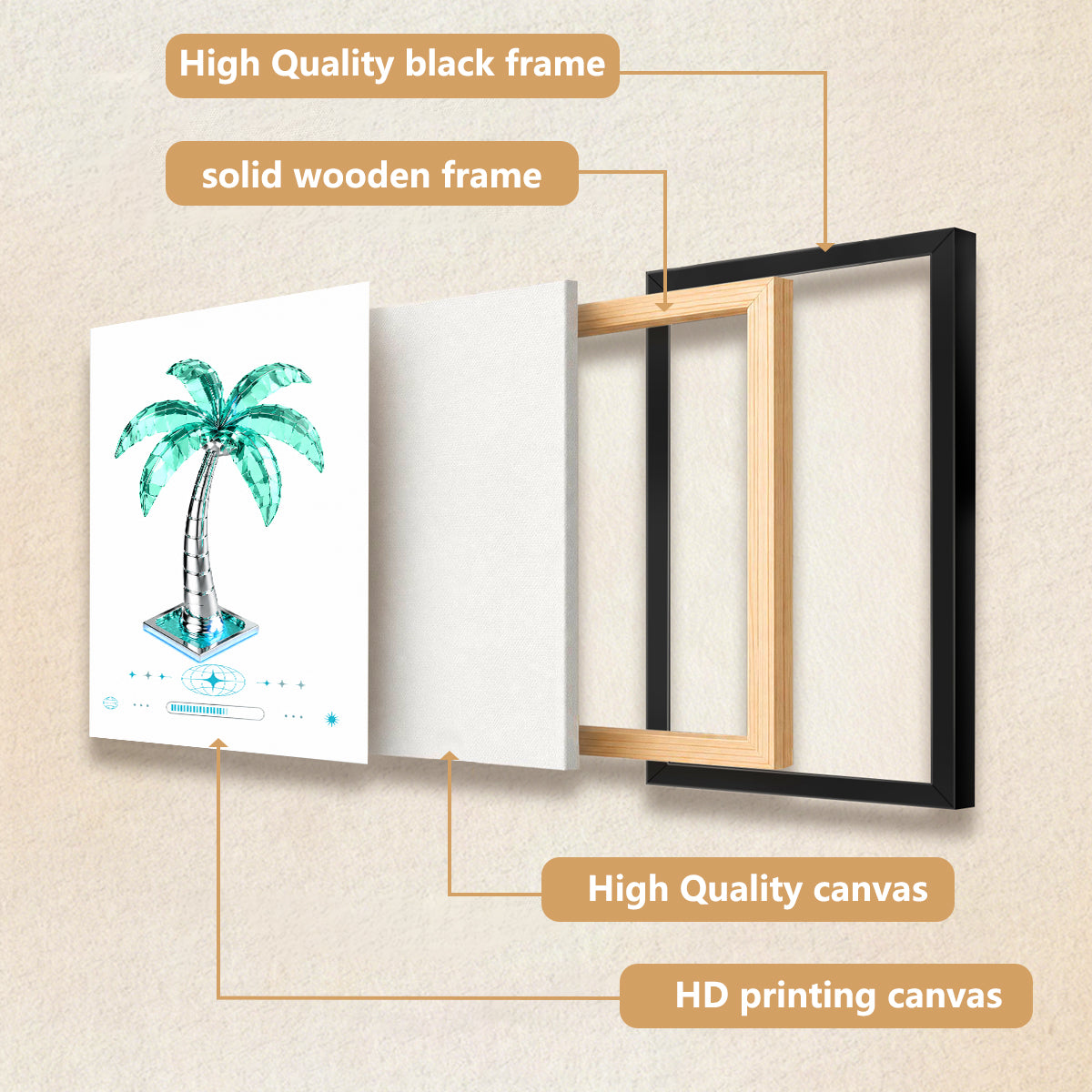Framed Tropical Palm Tree Art Print, Modern Crystal Design, Perfect Home Decor for Living Room or Office