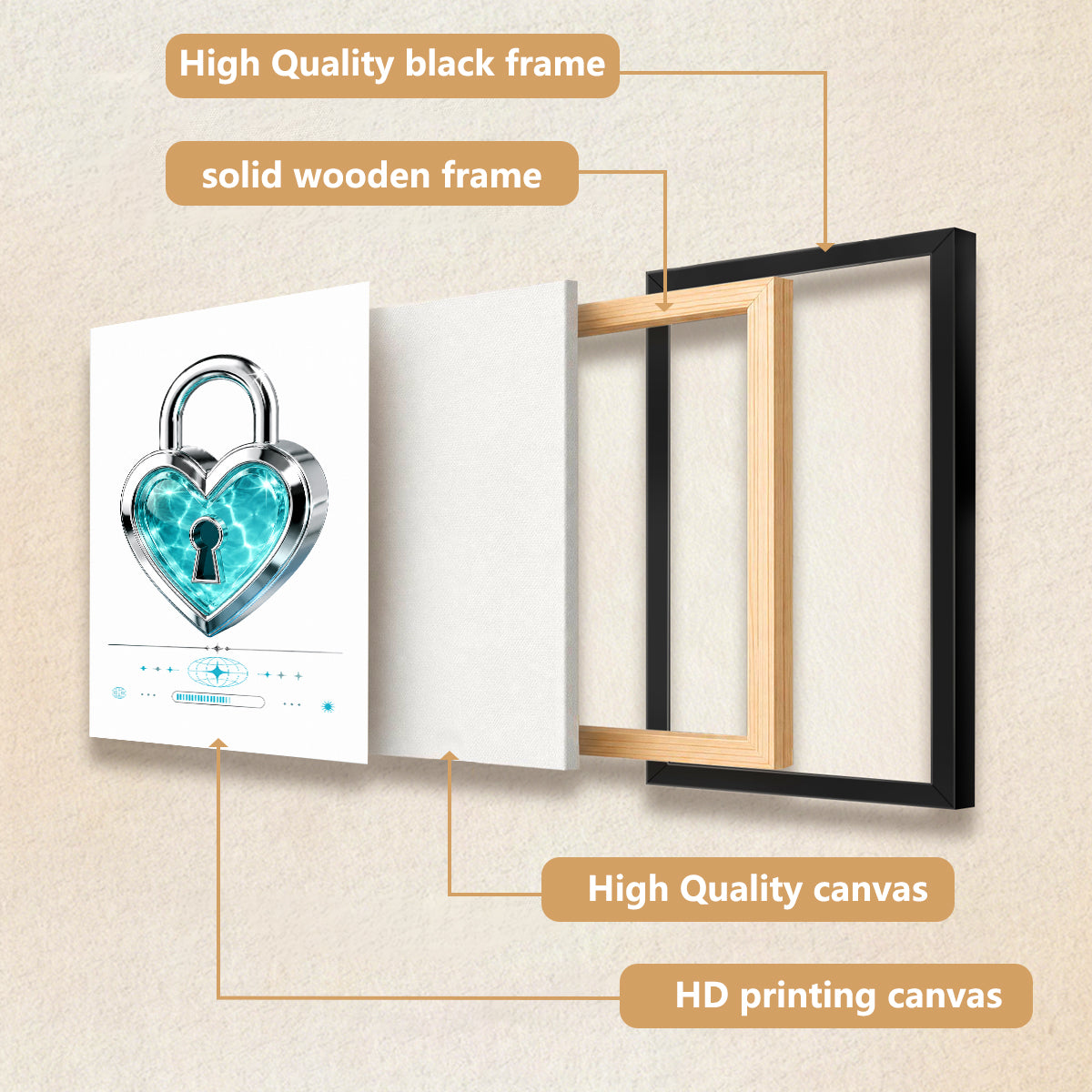 Framed Heart Lock Art Print, Blue Crystal Design, Modern Home Decor, Perfect Gift for Love
