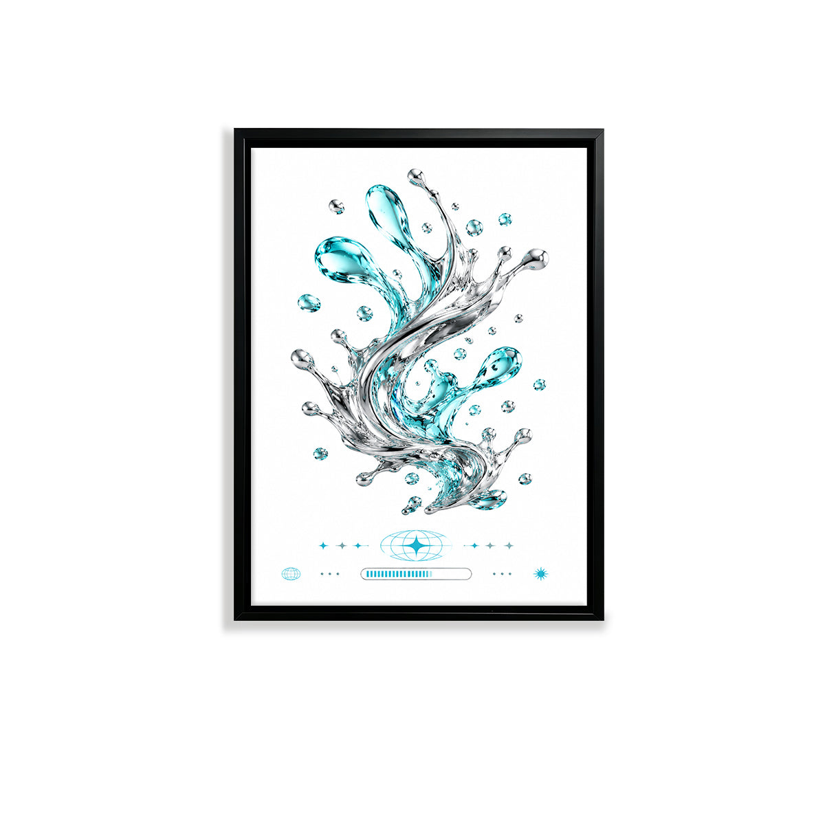 Modern Blue Water Splash Art Print in Black Frame, Elegant Home Decor for Living Room or Staircase