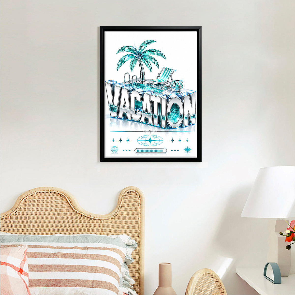 Framed Vacation-Themed Art Print with Palm Tree & Pool Design, Modern Crystal Style, Perfect for Home Decor