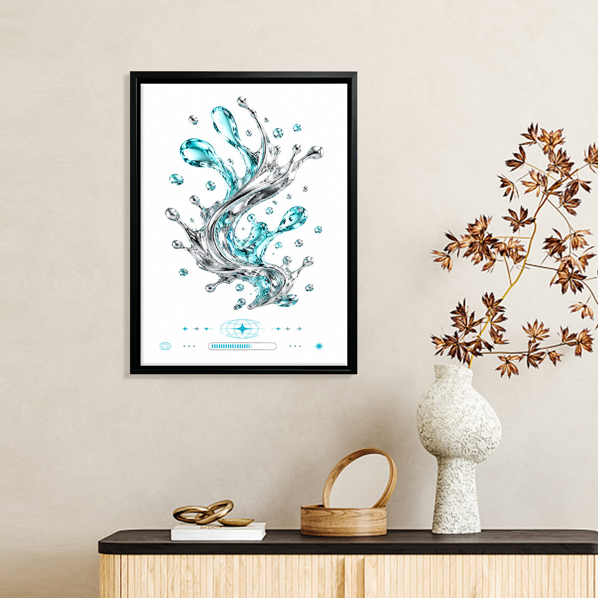 Modern Blue Water Splash Art Print in Black Frame, Elegant Home Decor for Living Room or Staircase