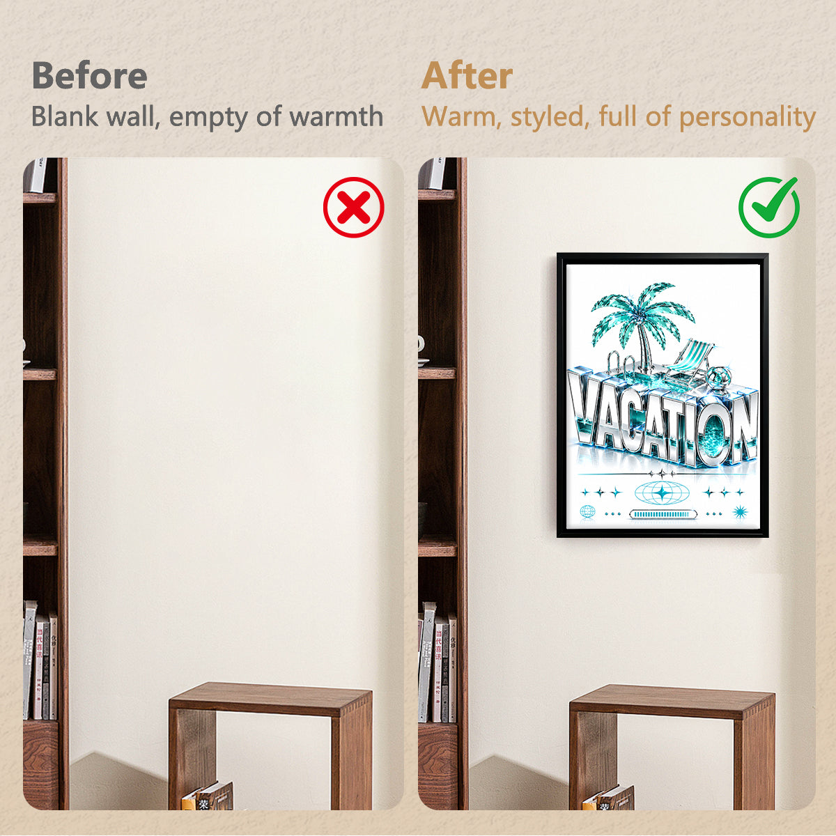 Framed Vacation-Themed Art Print with Palm Tree & Pool Design, Modern Crystal Style, Perfect for Home Decor