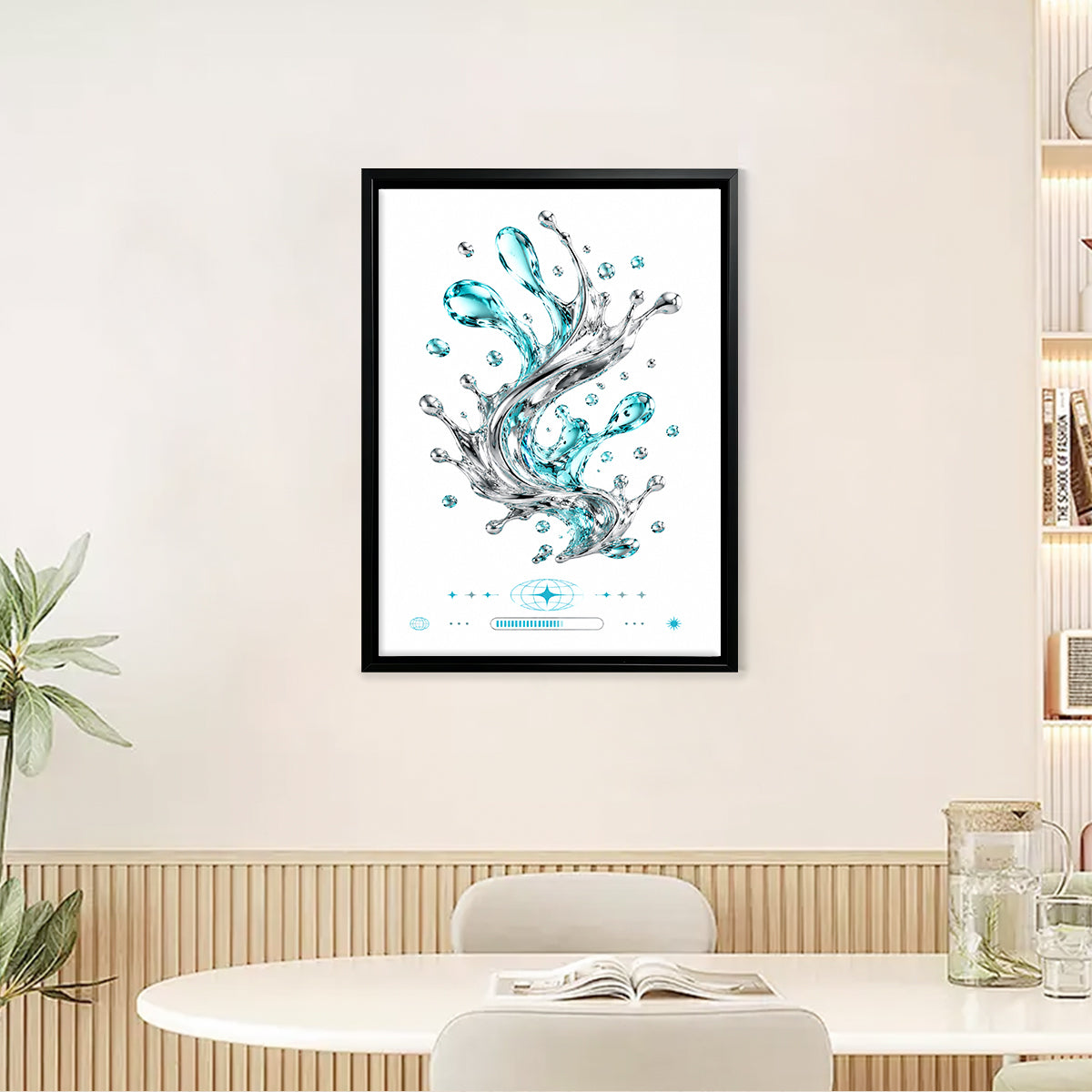 Modern Blue Water Splash Art Print in Black Frame, Elegant Home Decor for Living Room or Staircase