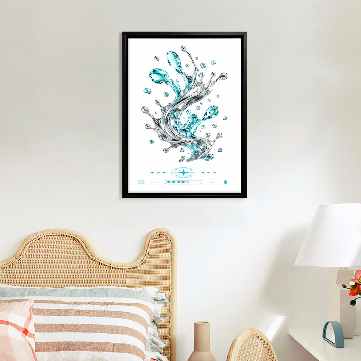 Modern Blue Water Splash Art Print in Black Frame, Elegant Home Decor for Living Room or Staircase