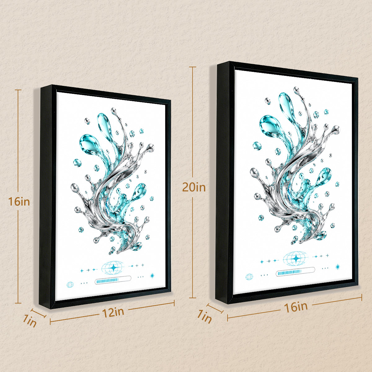 Modern Blue Water Splash Art Print in Black Frame, Elegant Home Decor for Living Room or Staircase
