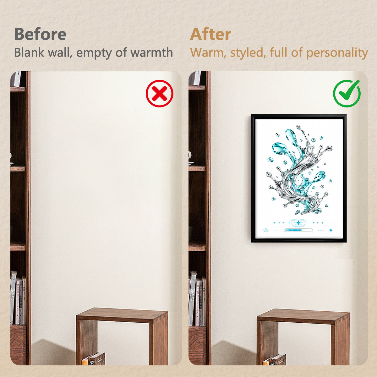 Modern Blue Water Splash Art Print in Black Frame, Elegant Home Decor for Living Room or Staircase