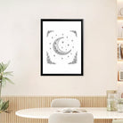 Framed Moon & Stars Art Print, Boho Style, Black & White Line Drawing, Perfect for Bedroom or Living Room