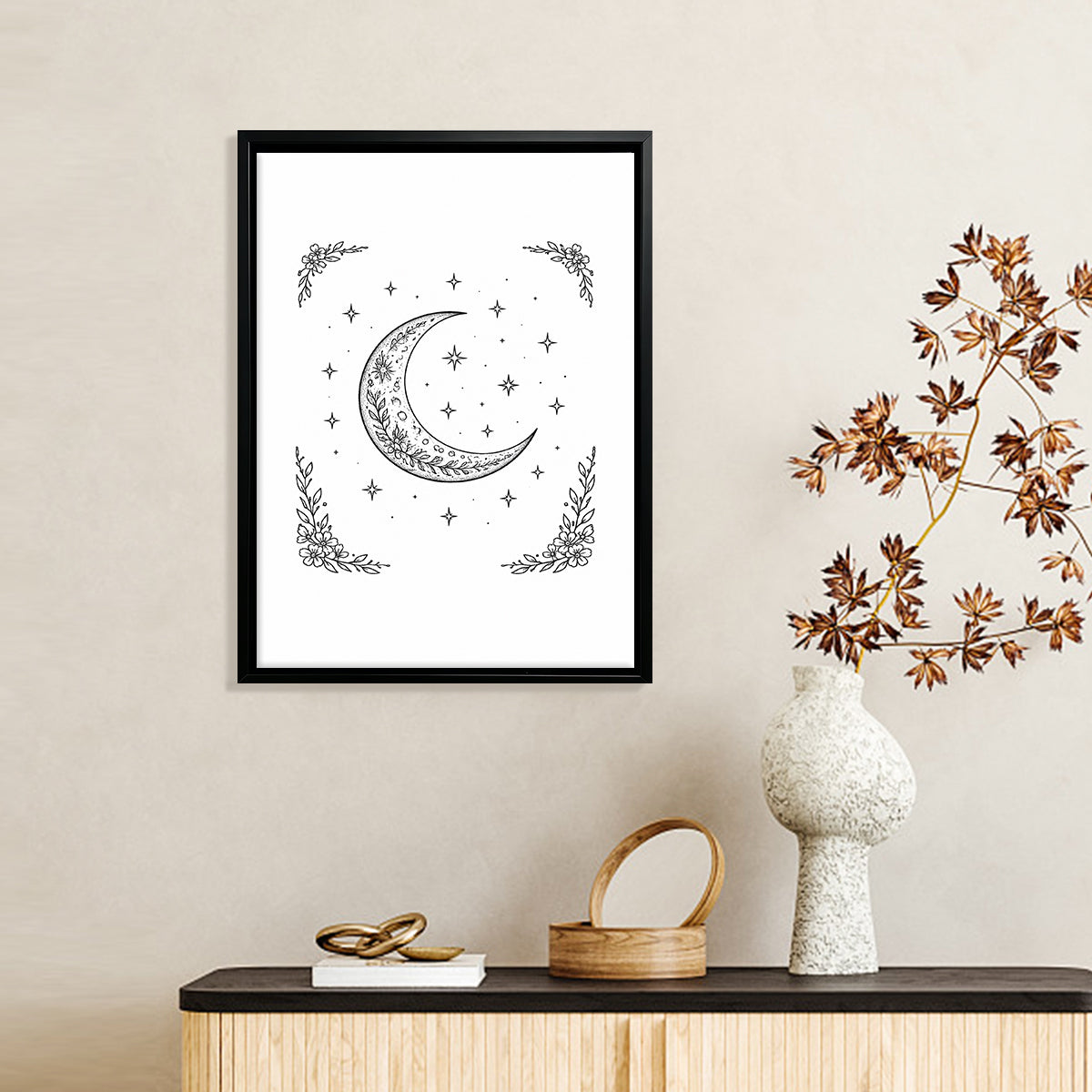 Framed Moon & Stars Art Print, Boho Style, Black & White Line Drawing, Perfect for Bedroom or Living Room