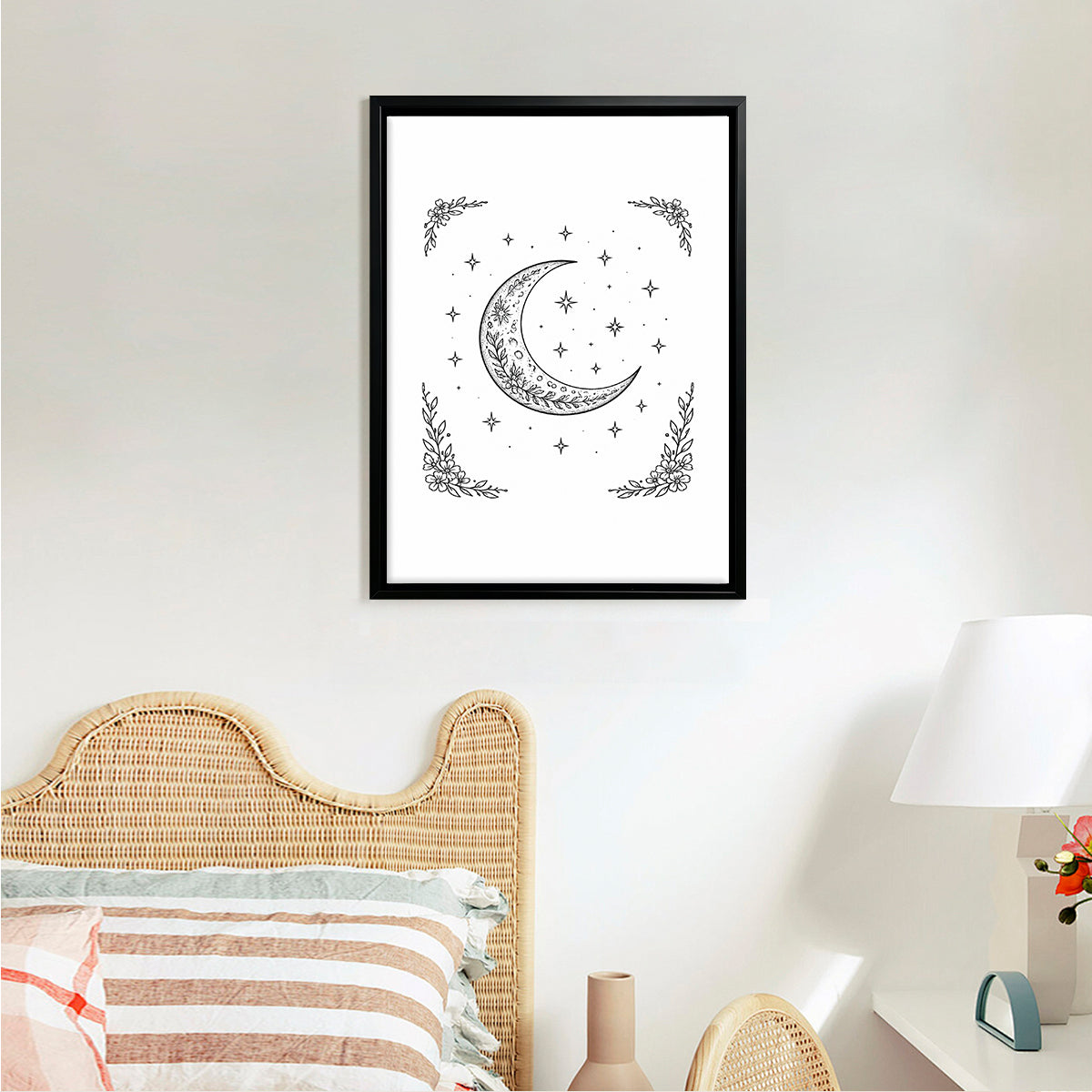 Framed Moon & Stars Art Print, Boho Style, Black & White Line Drawing, Perfect for Bedroom or Living Room