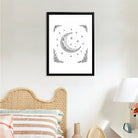 Framed Moon & Stars Art Print, Boho Style, Black & White Line Drawing, Perfect for Bedroom or Living Room