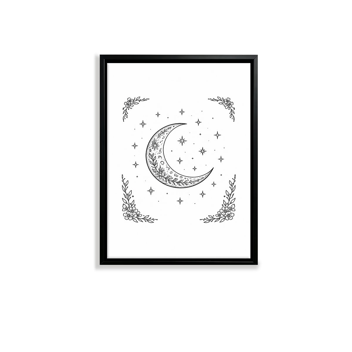 Framed Moon & Stars Art Print, Boho Style, Black & White Line Drawing, Perfect for Bedroom or Living Room