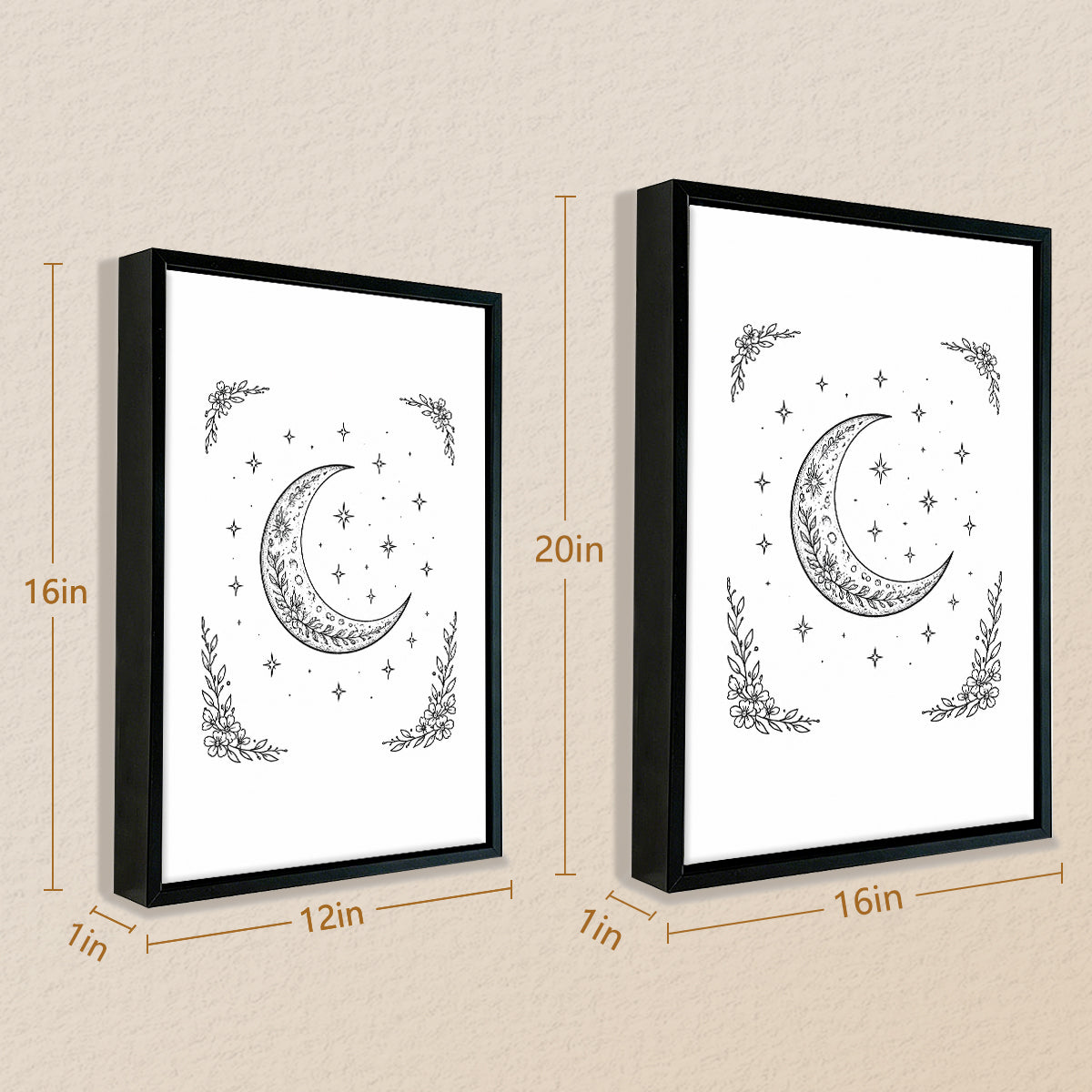 Framed Moon & Stars Art Print, Boho Style, Black & White Line Drawing, Perfect for Bedroom or Living Room