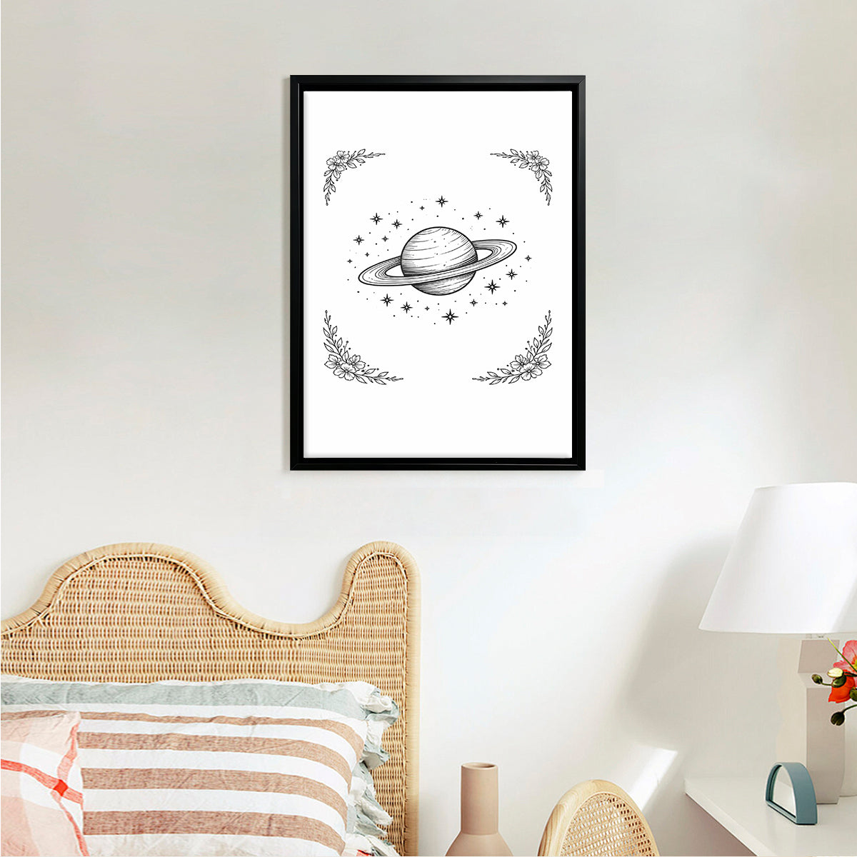 Framed Saturn Galaxy Art Print, Black and White Astronomical Illustration, Perfect Home Decor for Any Room