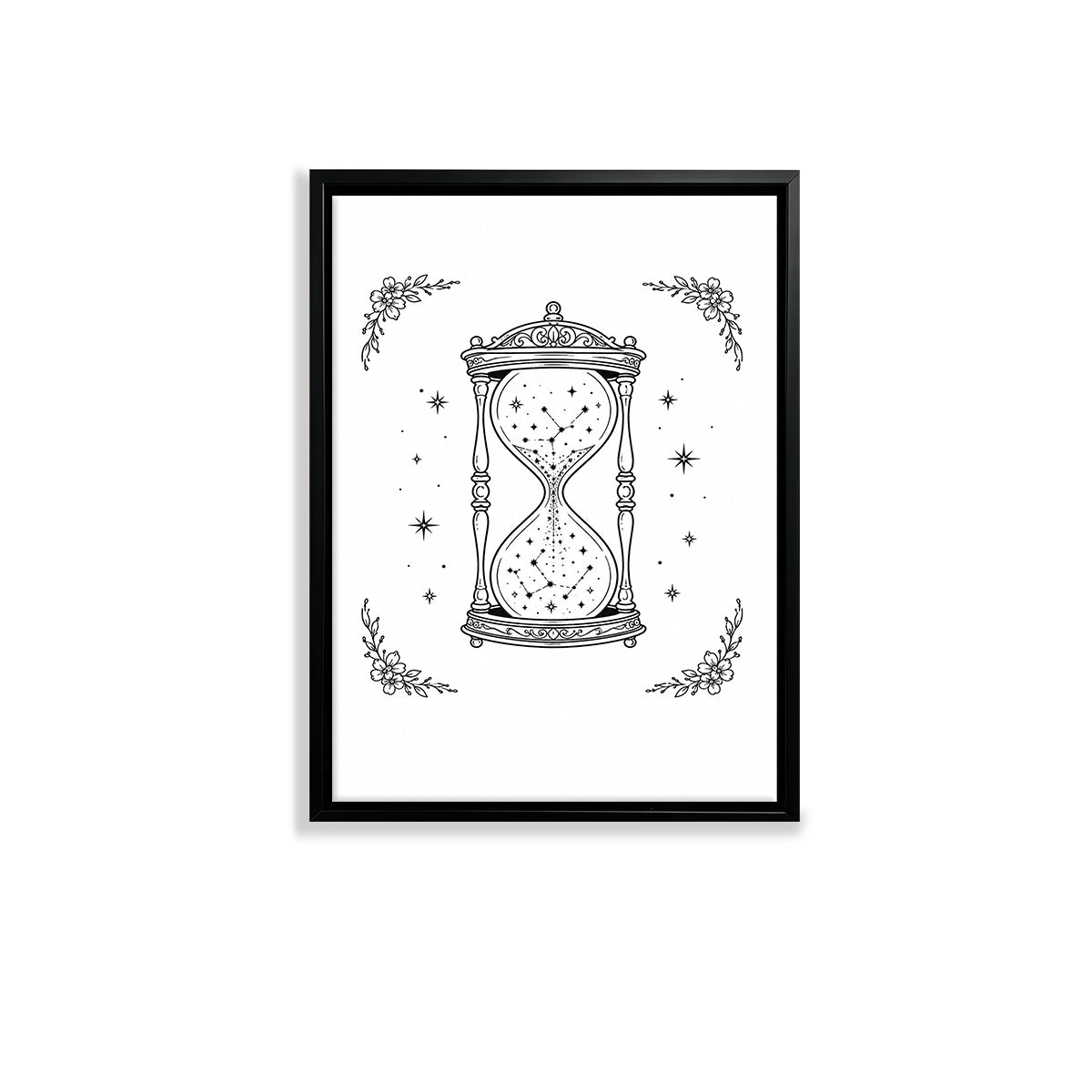 Framed Hourglass Star Sky Art Print, Vintage Style, Black and White Illustration, Perfect for Home Decor in New York
