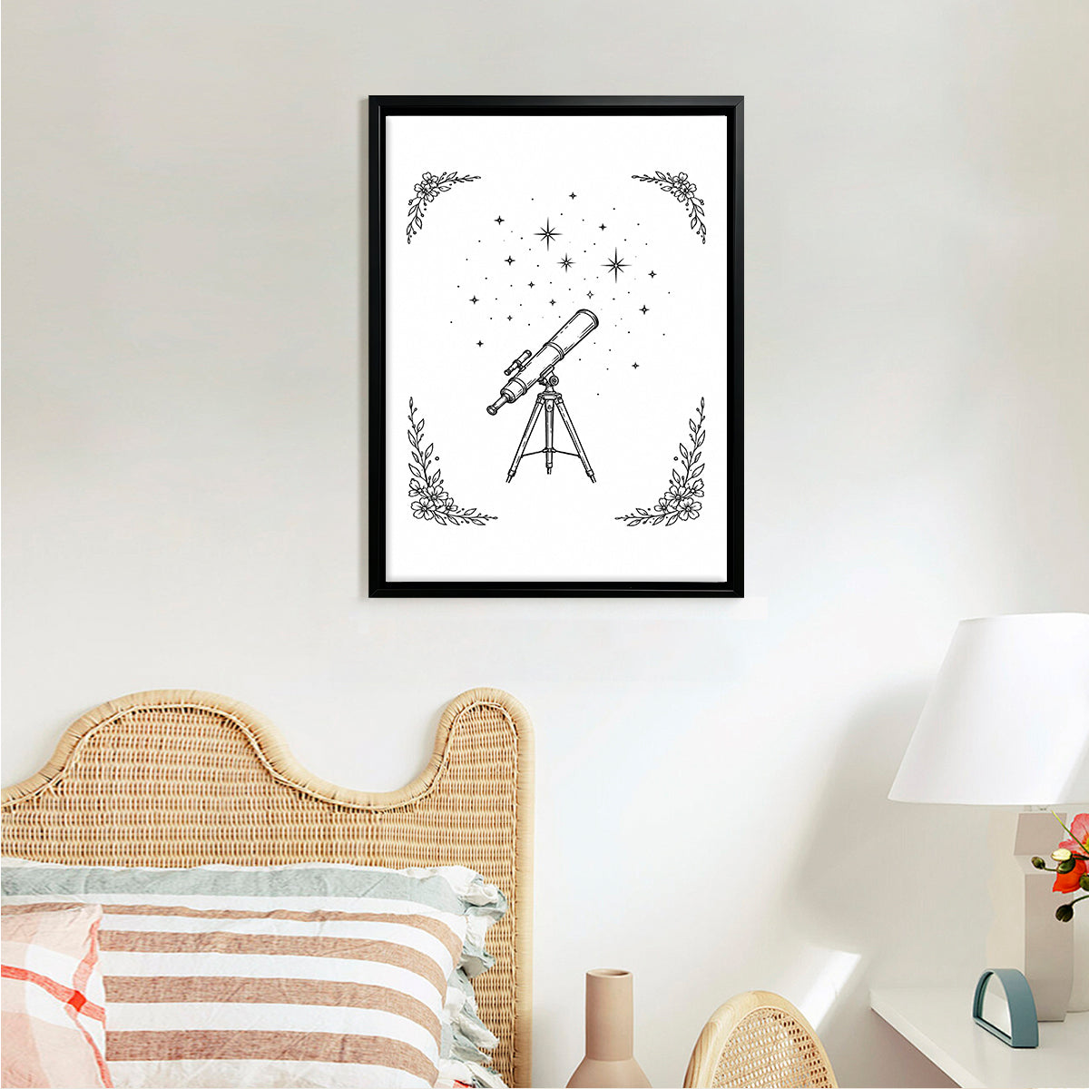 Framed Telescope Star Sky Art Print, Black and White Illustration, Perfect Home Decor for Any Room