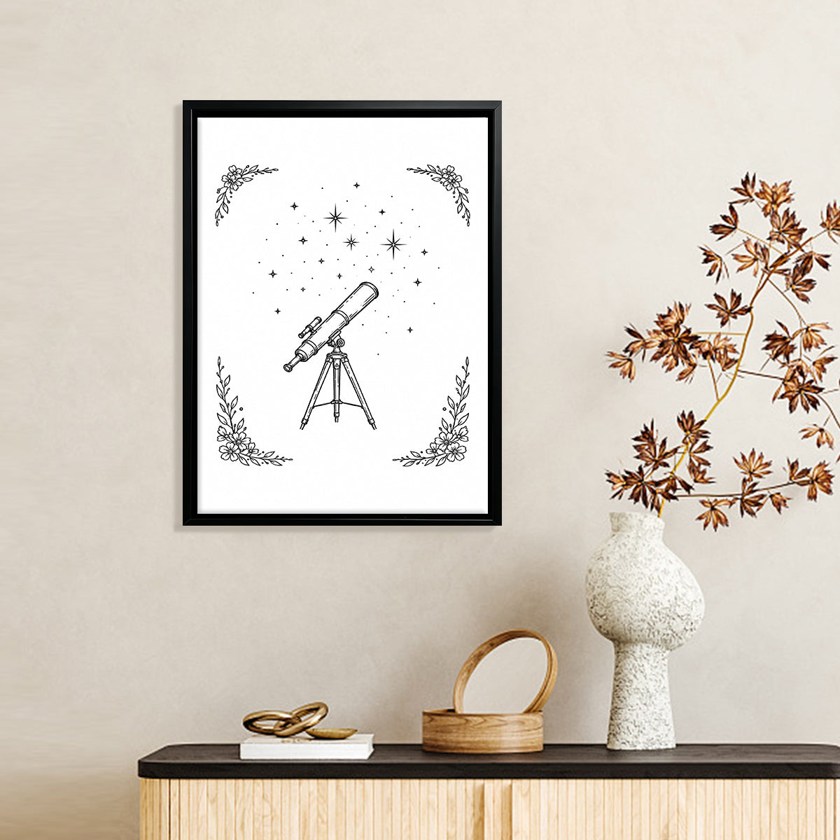 Framed Telescope Star Sky Art Print, Black and White Illustration, Perfect Home Decor for Any Room