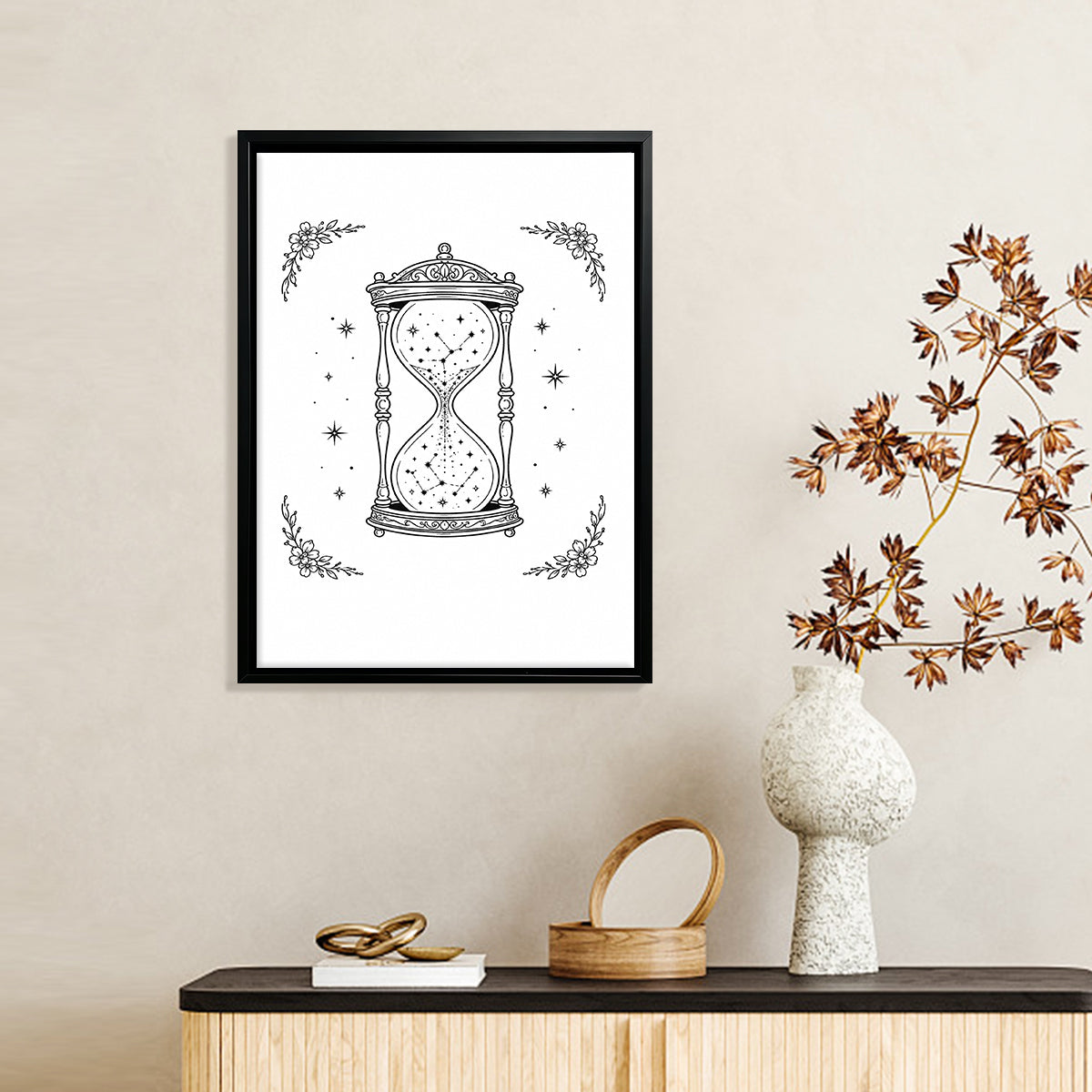 Framed Hourglass Star Sky Art Print, Vintage Style, Black and White Illustration, Perfect for Home Decor in New York
