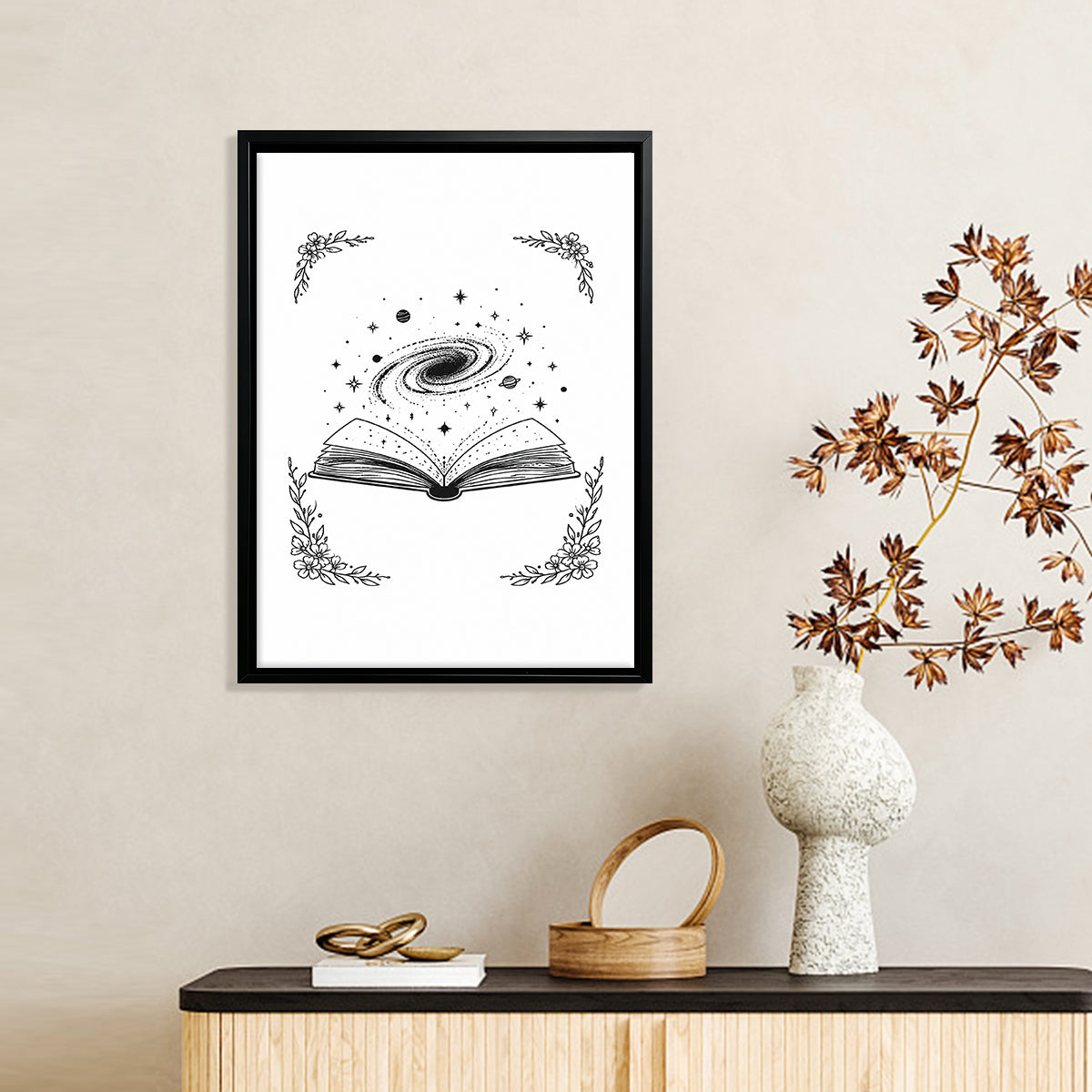 Framed Hourglass Star Sky Art Print, Vintage Style, Black and White Illustration, Perfect for Home Decor in New York