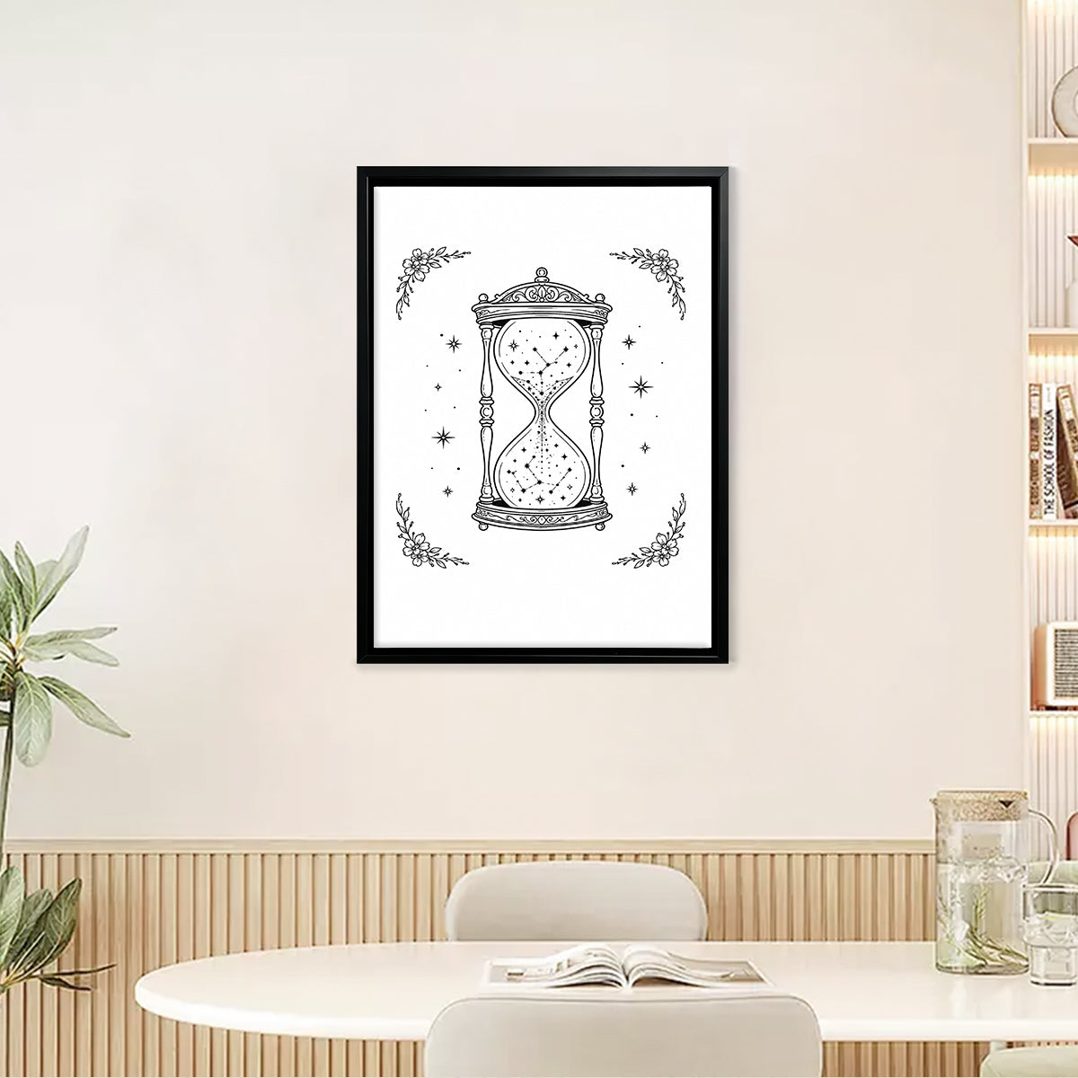 Framed Hourglass Star Sky Art Print, Vintage Style, Black and White Illustration, Perfect for Home Decor in New York