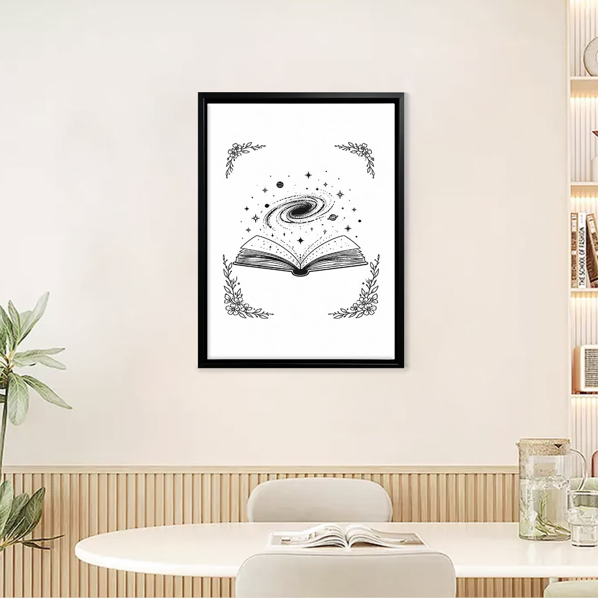 Framed Art Print with Galaxy Book Design, Black and White Illustration, Perfect Home Decor for Any Room