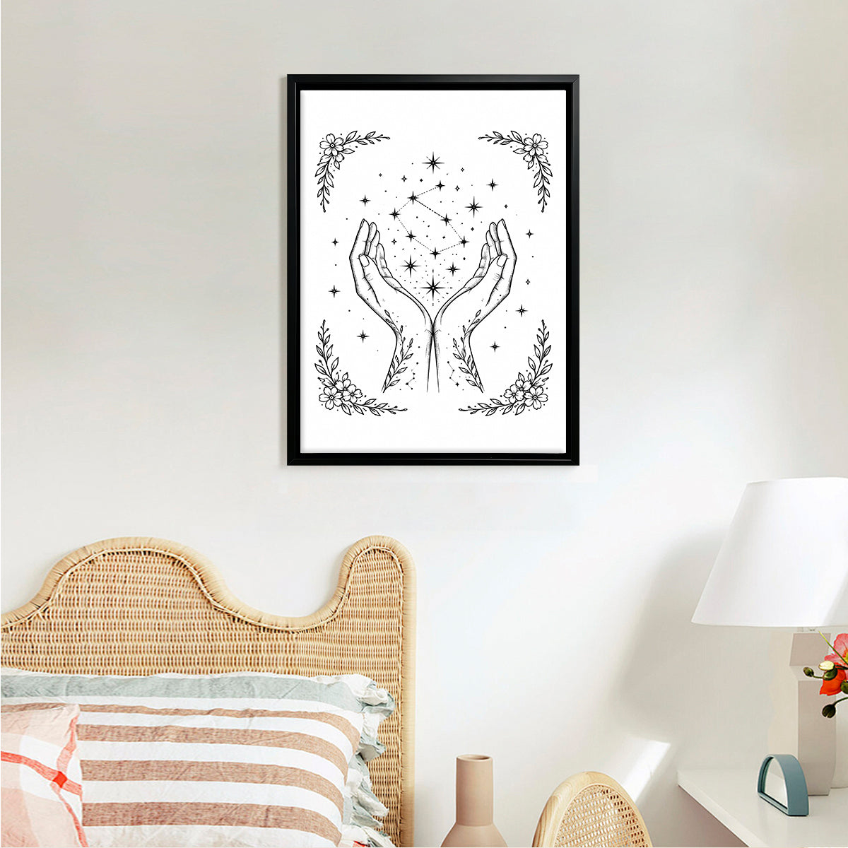 Framed Hands Holding Stars Art Print, Bohemian Style, Black and White Line Drawing, Perfect for Home Decor in Any Room