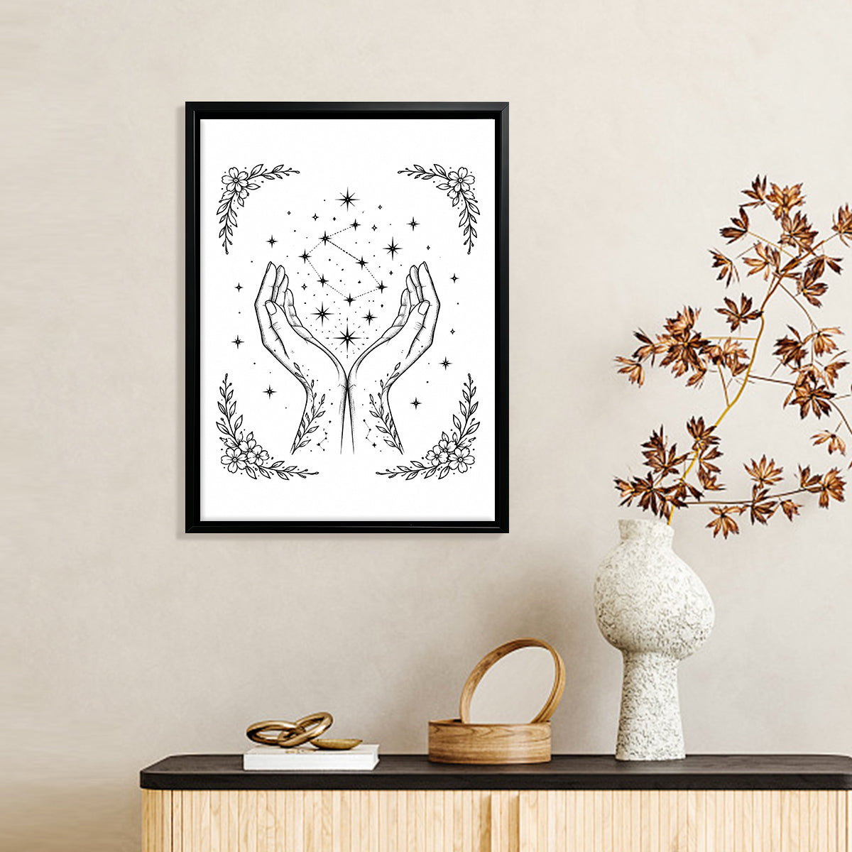 Framed Hands Holding Stars Art Print, Bohemian Style, Black and White Line Drawing, Perfect for Home Decor in Any Room
