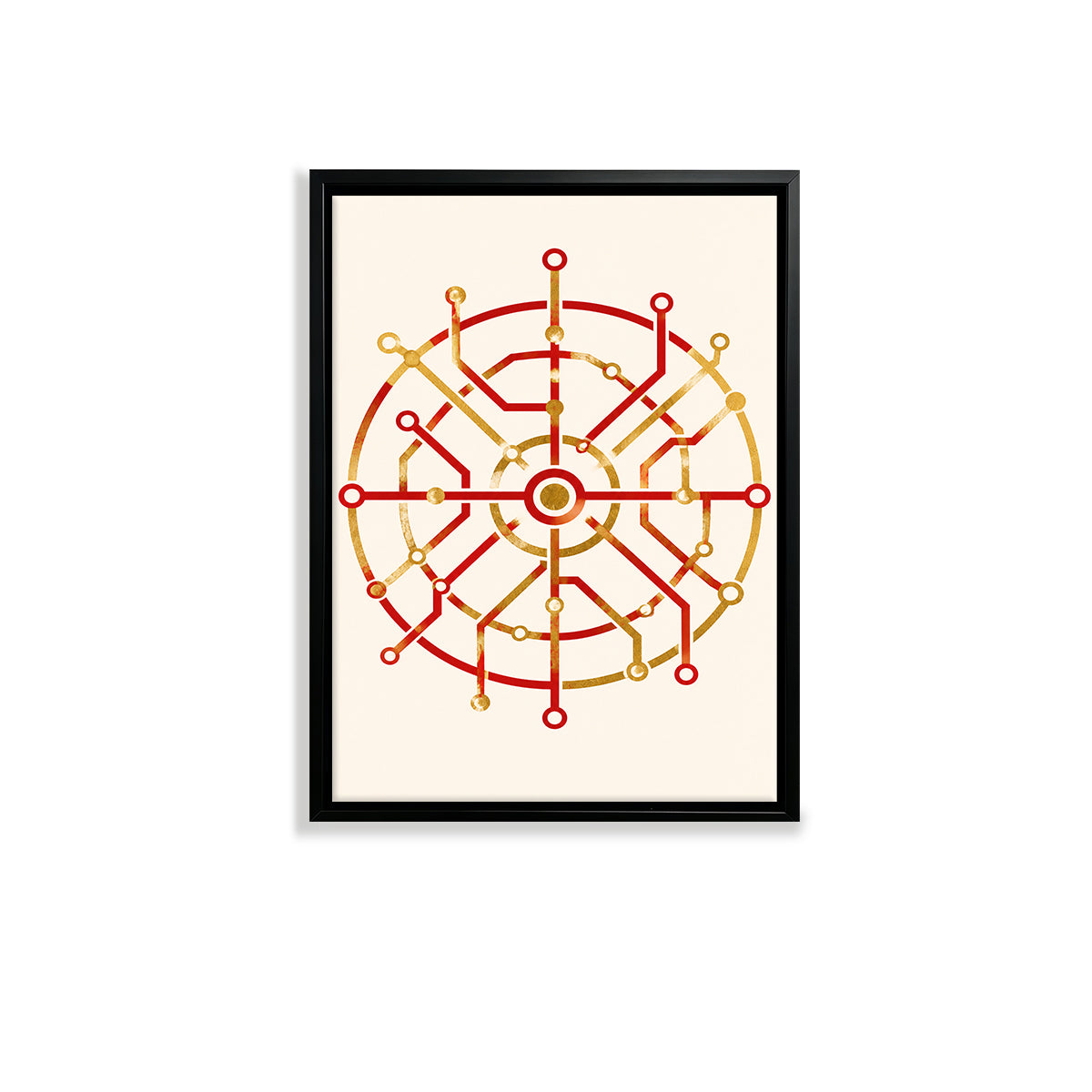 Framed Red and Gold Circuit Pattern Art Print, Modern Abstract Design, High-Quality Matte Finish, Perfect for Home or Office Decor in New York