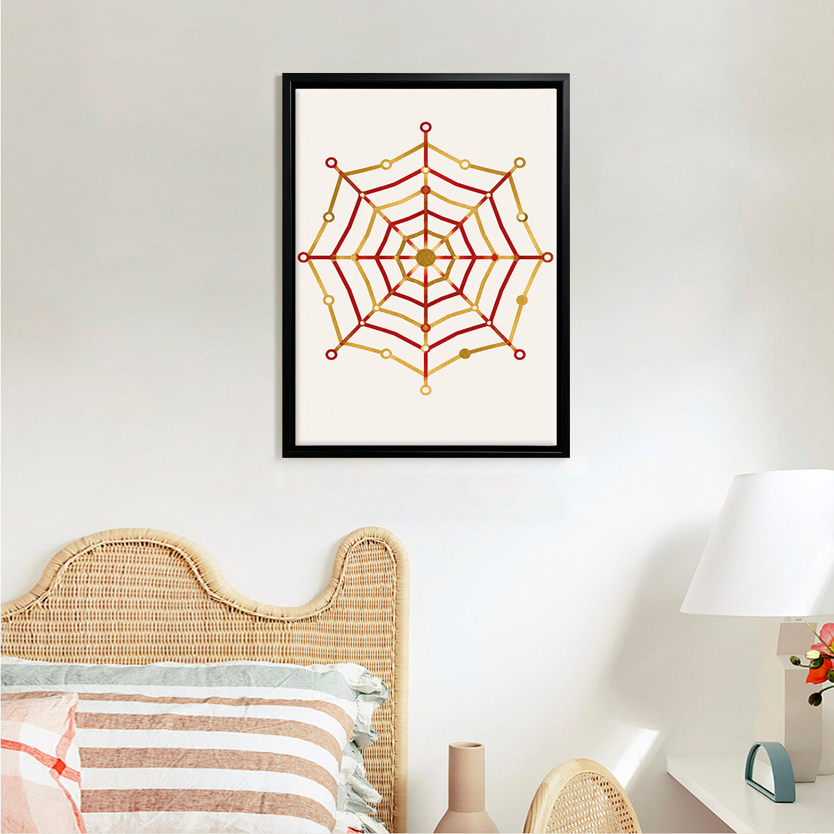 Framed Spiderweb Art Print with Red and Gold Design, Modern Home Decor, High-Quality Matte Finish