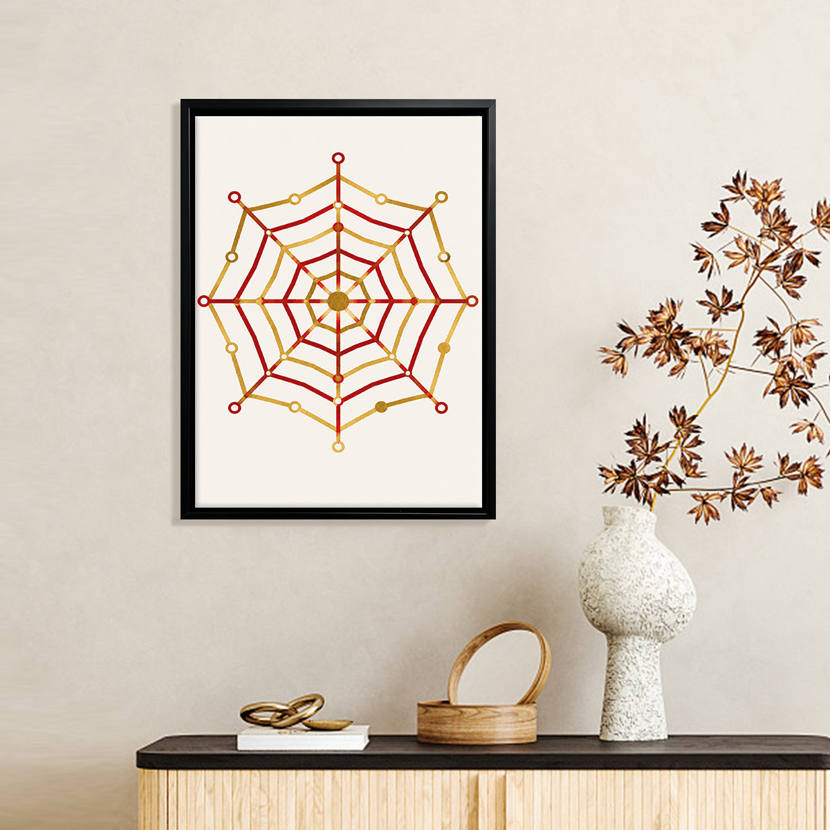 Framed Spiderweb Art Print with Red and Gold Design, Modern Home Decor, High-Quality Matte Finish