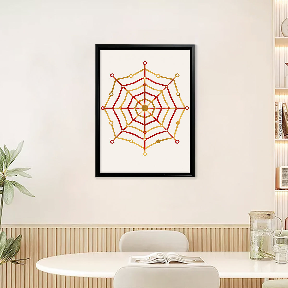 Framed Spiderweb Art Print with Red and Gold Design, Modern Home Decor, High-Quality Matte Finish
