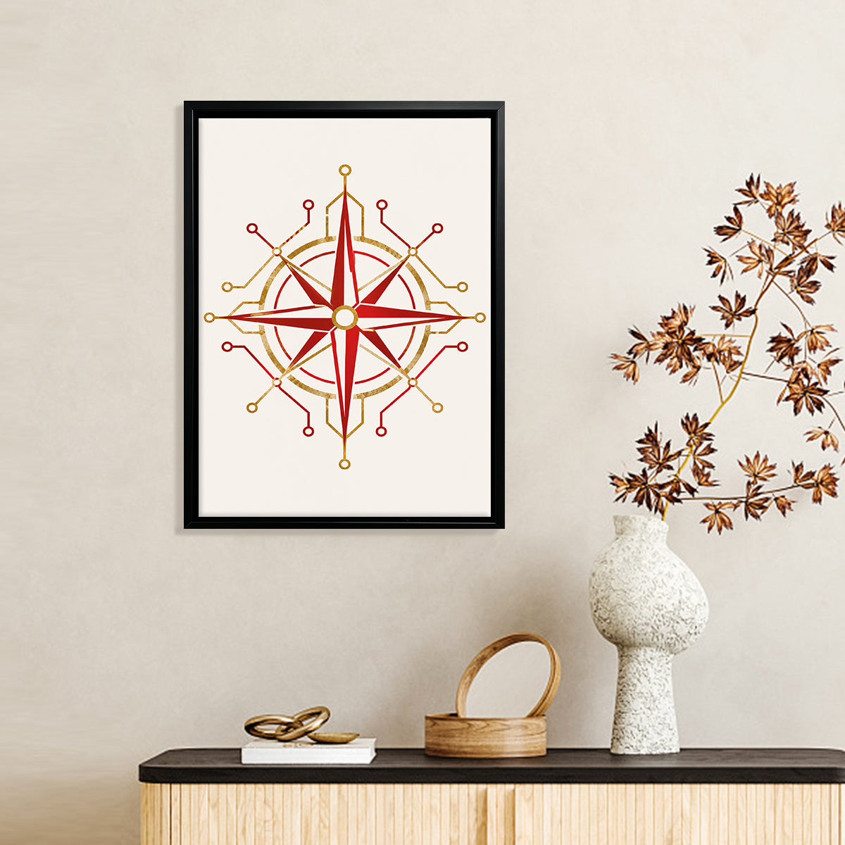 Framed Red and Gold Compass Rose Art Print, Modern Nautical Design, High-Quality Matte Finish, Perfect for Home Decor in California