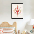 Framed Red and Gold Compass Rose Art Print, Modern Nautical Design, High-Quality Matte Finish, Perfect for Home Decor in California