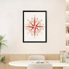 Framed Red and Gold Compass Rose Art Print, Modern Nautical Design, High-Quality Matte Finish, Perfect for Home Decor in California