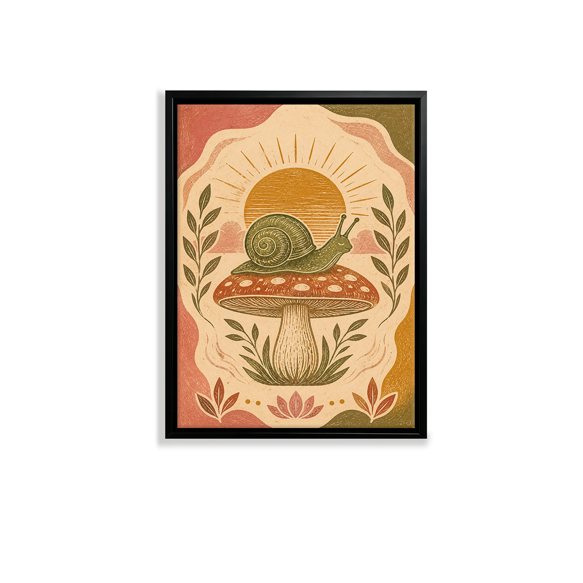 Framed Snail on Mushroom Art Print, Vintage Style, High-Quality Giclee, Perfect for Home Decor in Any Room