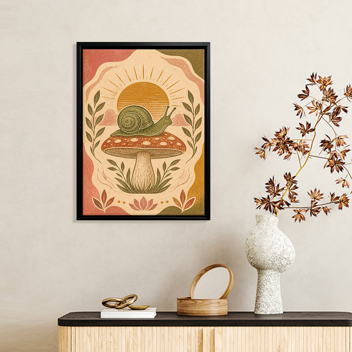 Framed Snail on Mushroom Art Print, Vintage Style, High-Quality Giclee, Perfect for Home Decor in Any Room