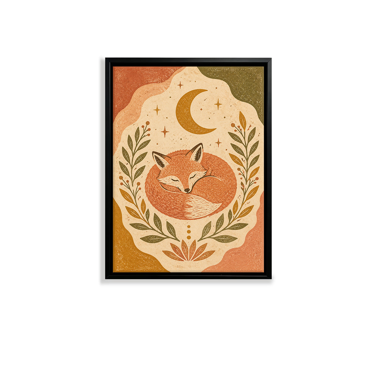 Framed Fox Art Print with Crescent Moon and Floral Design, Warm Autumn Colors, Perfect Home Decor for Any Room