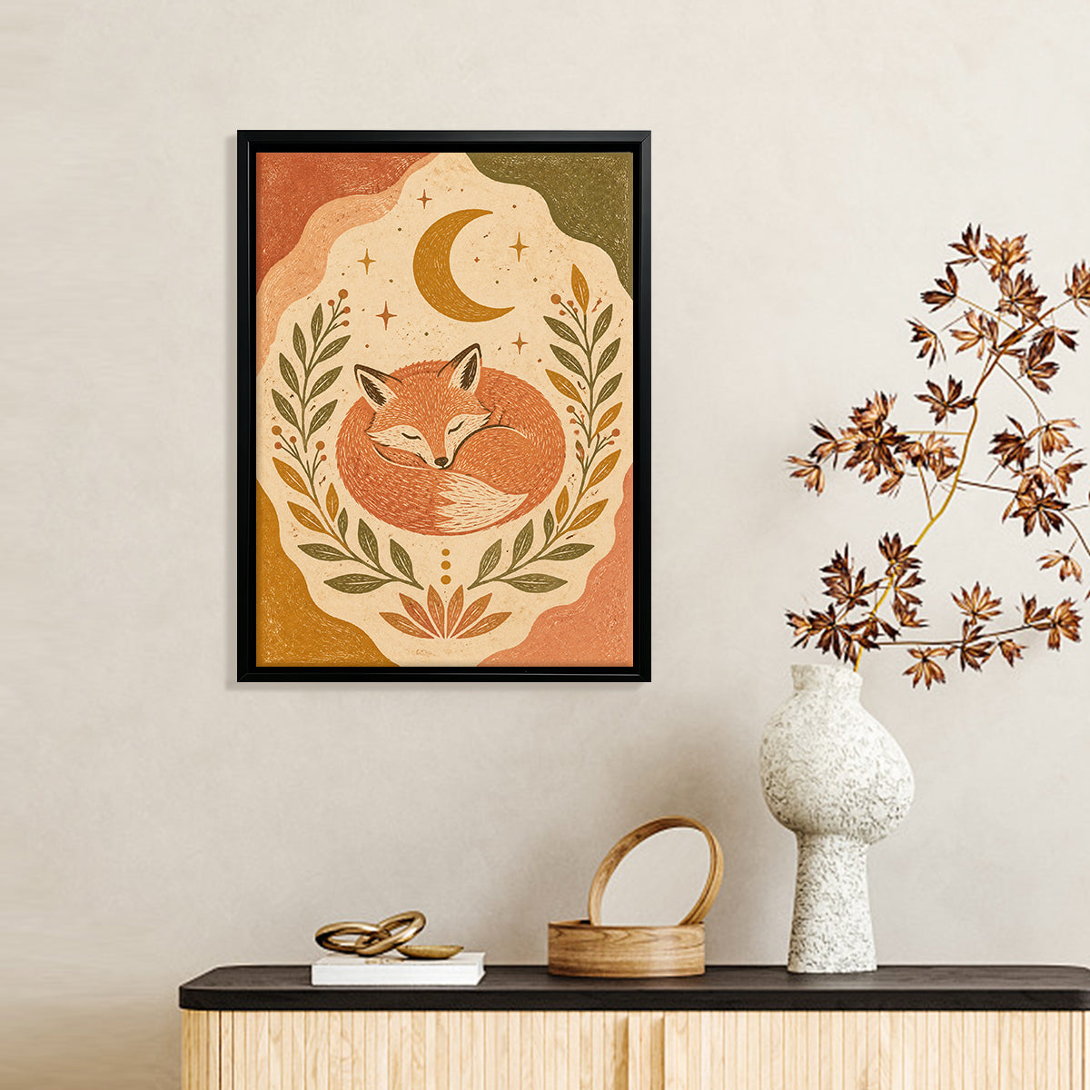 Framed Fox Art Print with Crescent Moon and Floral Design, Warm Autumn Colors, Perfect Home Decor for Any Room