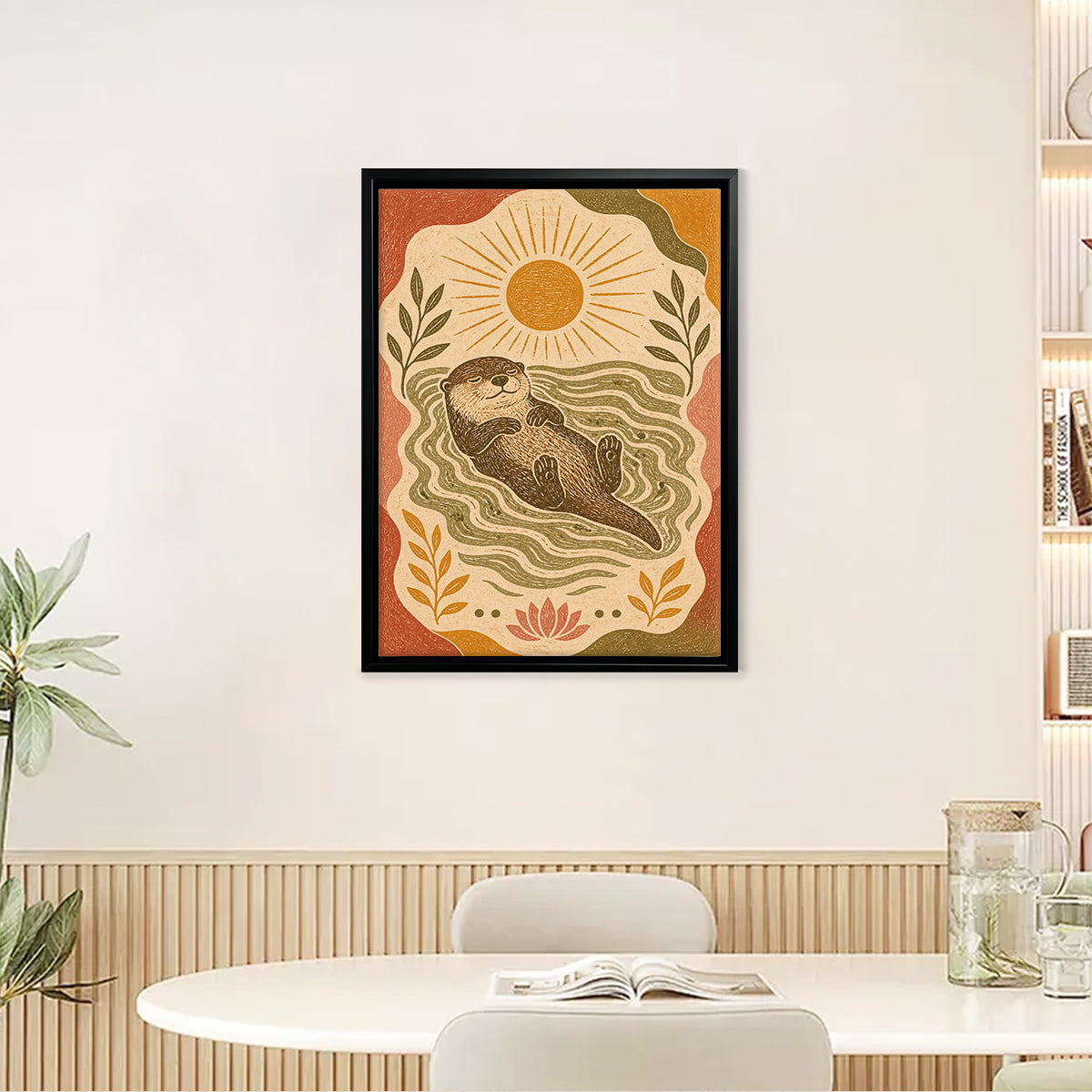 Framed Otter Art Print with Sun and Waves, Vintage Style, High-Quality Giclee on Canvas, Perfect for Home Decor in California