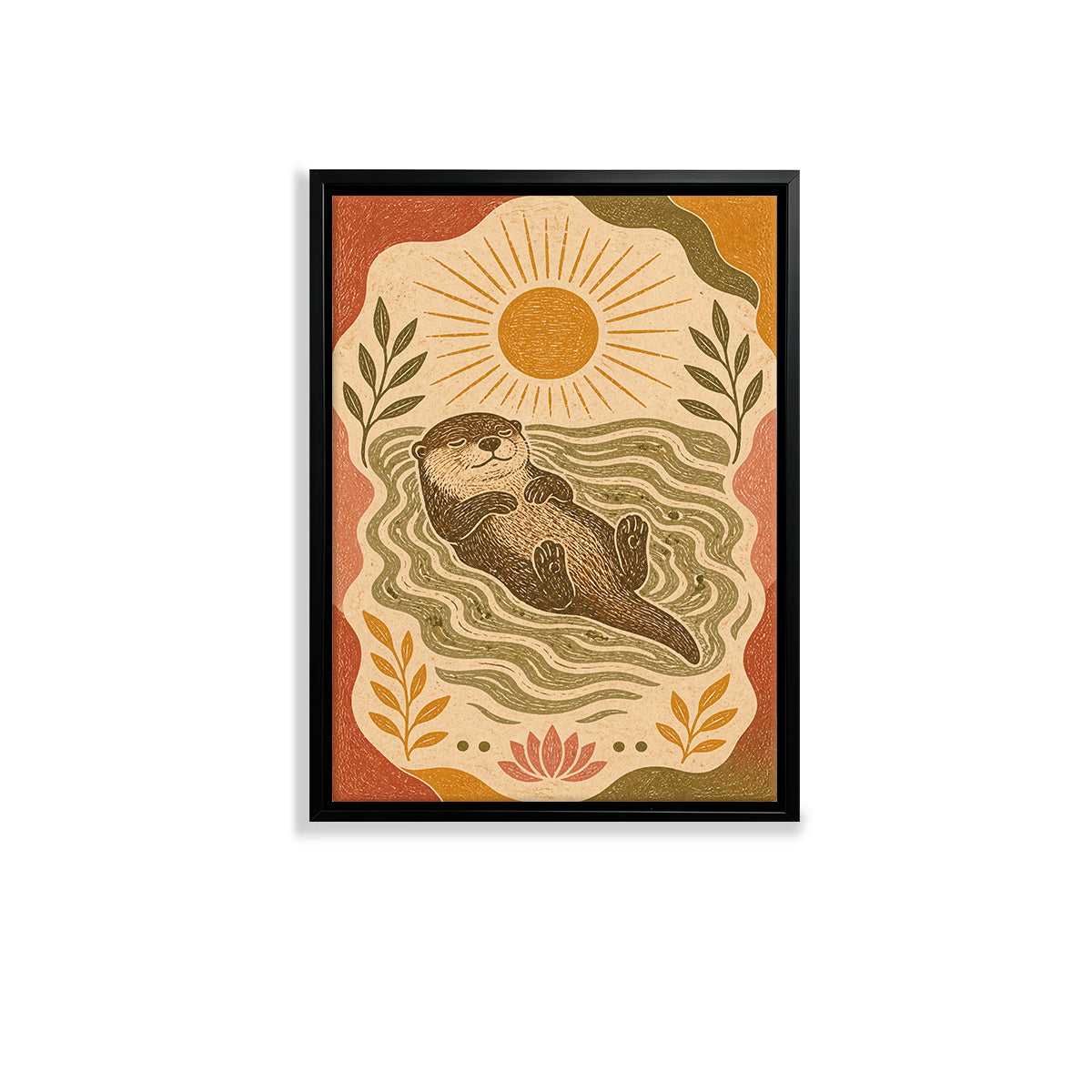 Framed Otter Art Print with Sun and Waves, Vintage Style, High-Quality Giclee on Canvas, Perfect for Home Decor in California