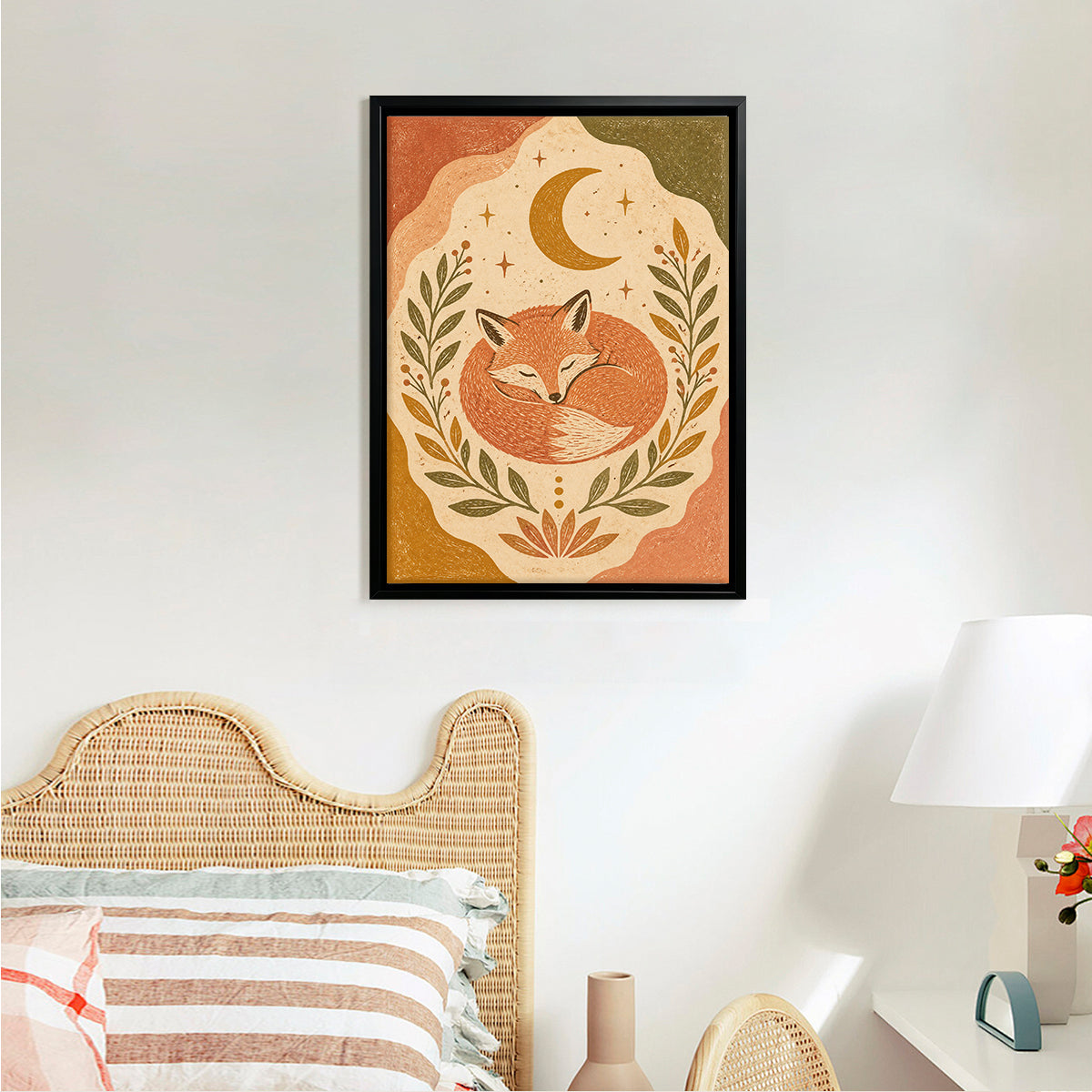 Framed Fox Art Print with Crescent Moon and Floral Design, Warm Autumn Colors, Perfect Home Decor for Any Room